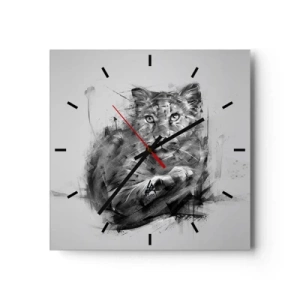 Wanduhr - Glasuhr - Schwarz-Weiß-Porträt eines Löwen im künstlerischen Stil mit dynamischen Strichen. - 30x30cm - Ja, ich höre aufmerksam zu - Moderne Wanddekoration für Wohnzimmer und Schlafzimmer ARTTOR