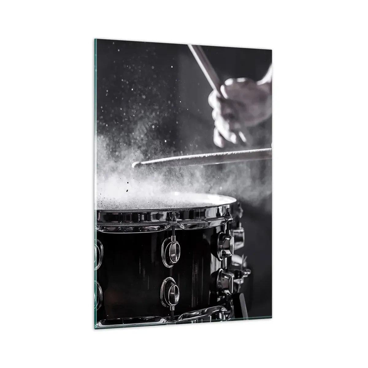 Glasbild - Bild auf glas - Schlagen der Snare Drum mit Sticks mit Staubeffekt - 80x120cm - Der Puls der Musik - Moderne Wanddekoration für Wohnzimmer und Schlafzimmer ARTTOR