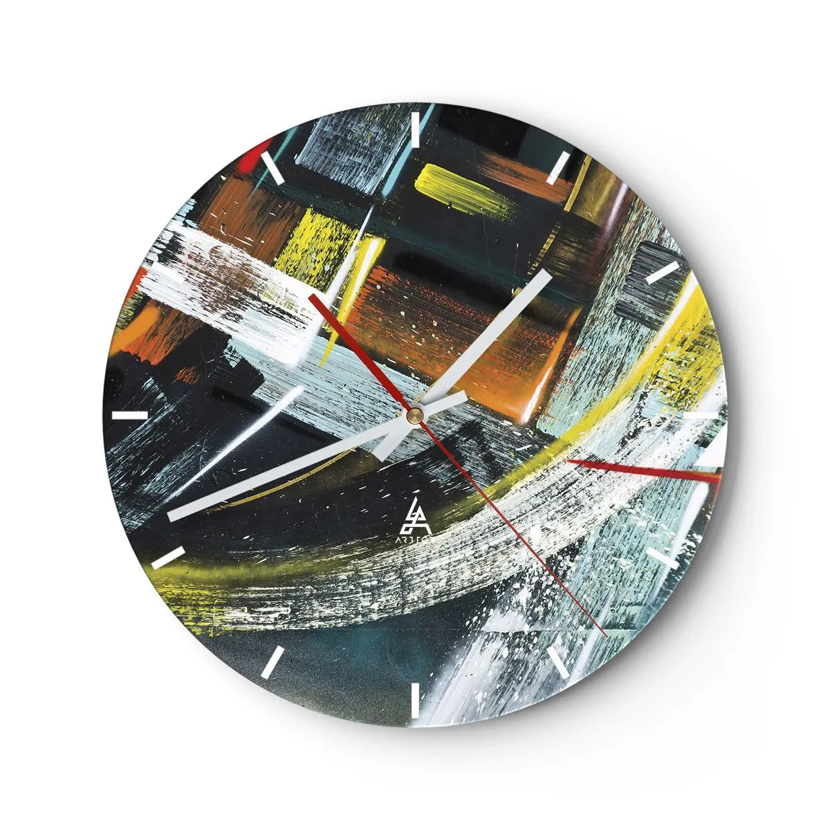 Wanduhr - Glasuhr - Abstrakte Pinselstriche in leuchtenden Farben - 30x30cm - Energie der Bewegung - Moderne Wanddekoration für Wohnzimmer, Küche und Schlafzimmer ARTTOR