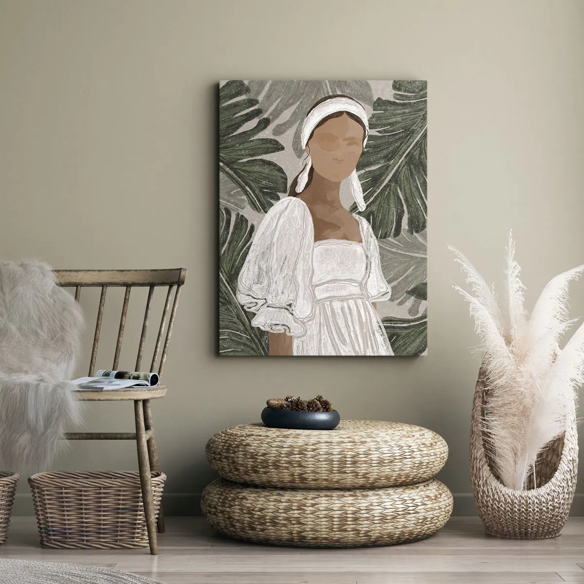 Bild auf Leinwand - Leinwandbild - Porträt einer Frau in einem weißen Kleid vor einem Hintergrund aus Monstera-Blättern - 50x70cm - Exotisches Porträt - Moderne Wanddekoration für Wohnzimmer und Schlafzimmer ARTTOR
