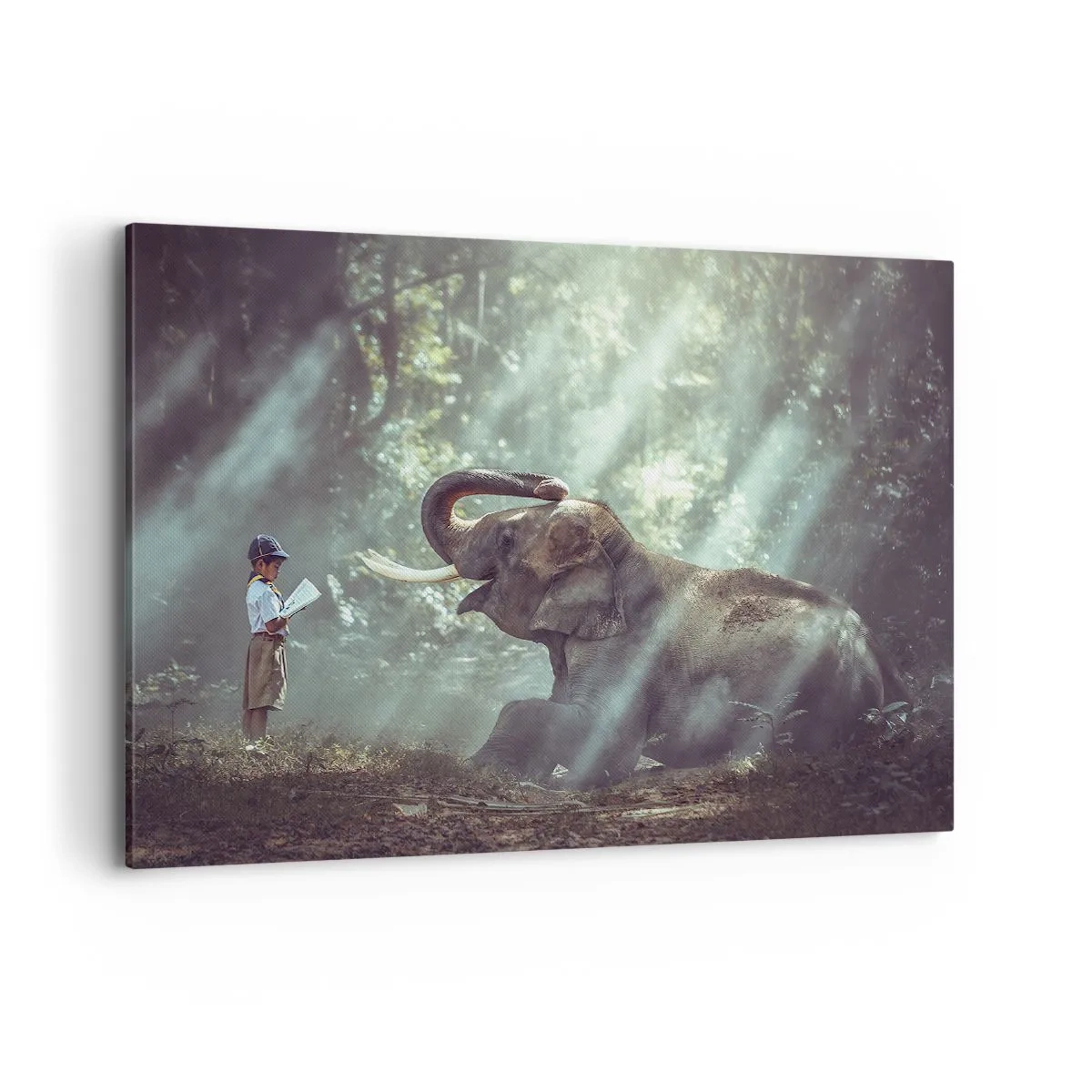 Bild auf Leinwand - Leinwandbild - Ein Junge und ein Elefant in einer sonnenbeschienenen Waldlandschaft - 100x70cm - Und hör dir das an... - Moderne Wanddekoration für Wohnzimmer und Schlafzimmer ARTTOR
