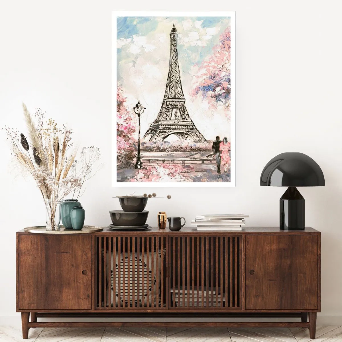 Poster - Der Eiffelturm mit einer romantischen Landschaft in Pastellfarben - 50x70cm - Aprilspaziergang durch Paris - Moderne Wanddekoration für Wohnzimmer und Schlafzimmer ARTTOR