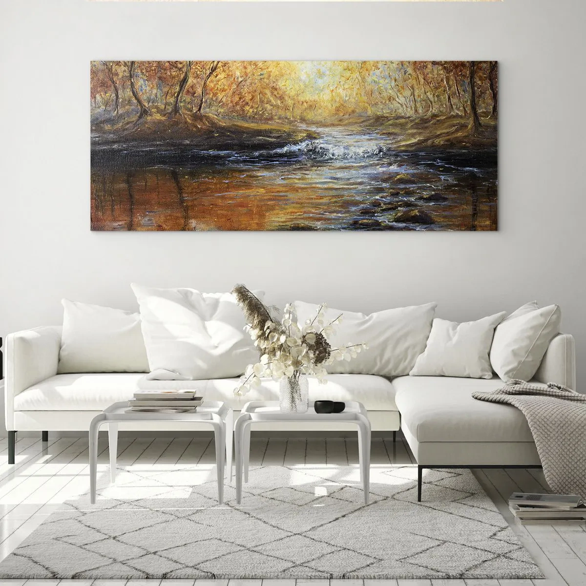 Glasbild - Bild auf glas - Herbstlandschaft mit einem Fluss zwischen den Bäumen - 140x50cm - Der goldene Strom - Moderne Wanddekoration für Wohnzimmer und Schlafzimmer ARTTOR