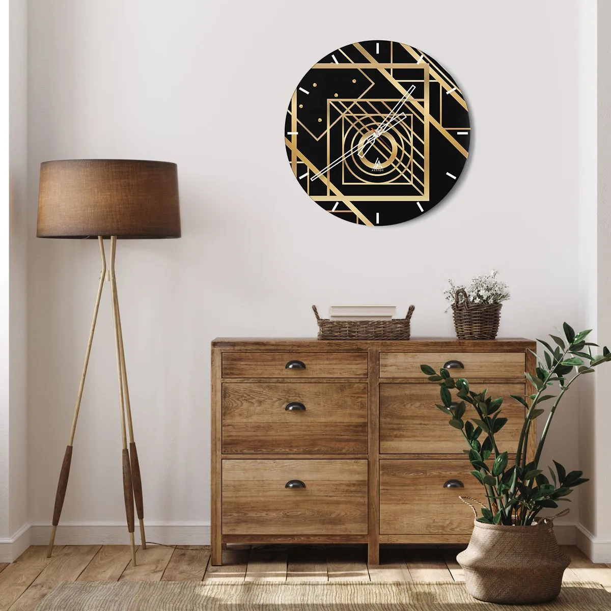 Wanduhr - Glasuhr - Goldenes geometrisches Muster auf schwarzem Hintergrund - 30x30cm - Goldene Geometrie - Moderne Wanddekoration für Wohnzimmer, Küche und Schlafzimmer ARTTOR