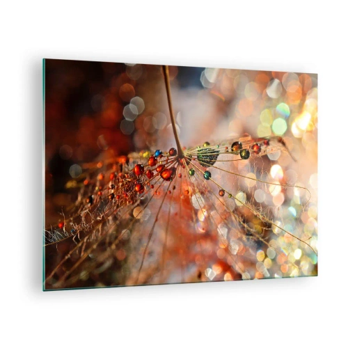 Glasbild - Bild auf glas - Wassertropfen auf einem zarten Spinnennetz im Bokeh-Licht - 70x50cm - Auf einem Spinnenfaden aufgefädelt - Moderne Wanddekoration für Wohnzimmer und Schlafzimmer ARTTOR