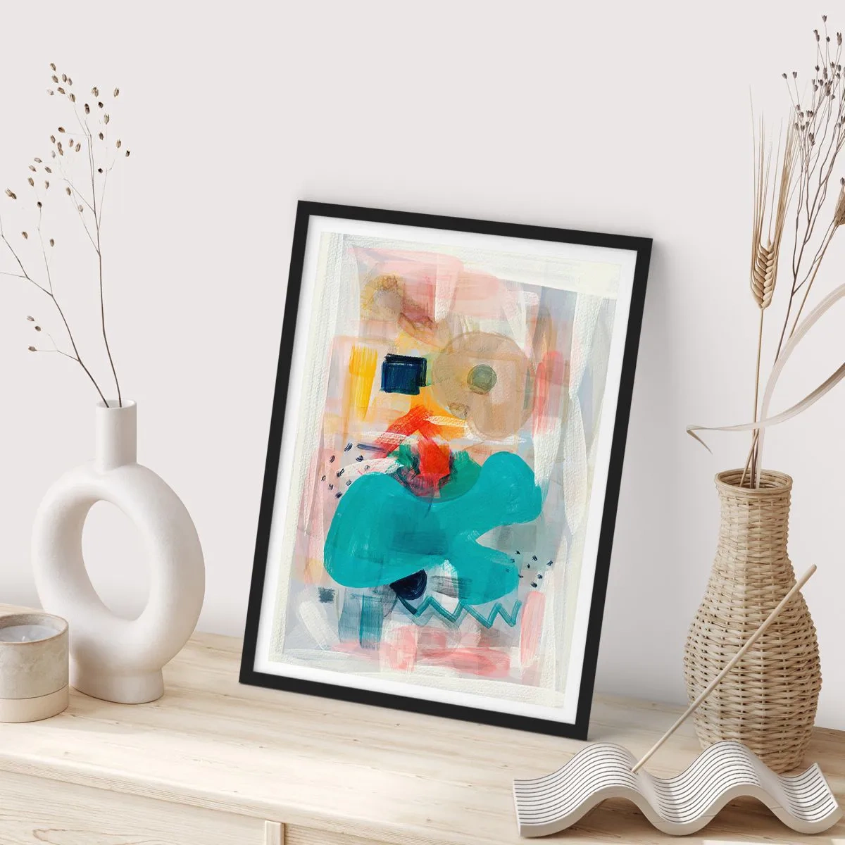 Poster in einem schwarzem Rahmen - Bunte Abstraktion mit dynamischen Formen - 50x70cm - Buntes Spiel - Moderne Wanddekoration für Wohnzimmer und Schlafzimmer ARTTOR