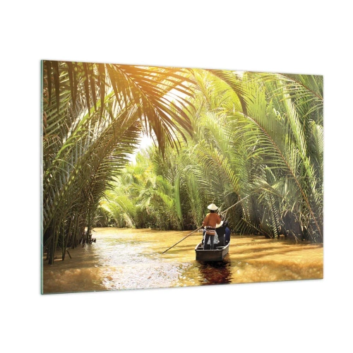 Glasbild - Bild auf glas - Ein Boot mit einem Ruderer fährt durch eine palmengesäumte Schlucht - 100x70cm - Eine Palmenschlucht entlang - Moderne Wanddekoration für Wohnzimmer und Schlafzimmer ARTTOR