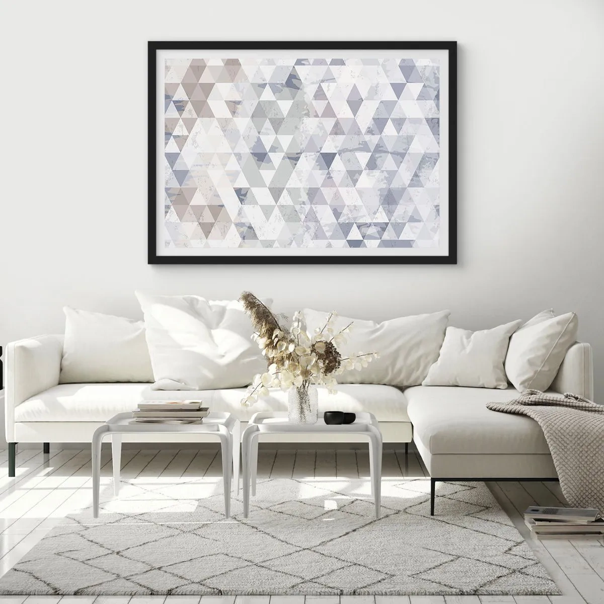 Poster in einem schwarzem Rahmen - Geometrisches Dreiecksmuster in Pastelltönen - 70x50cm - Im Rhythmus auf drei - Moderne Wanddekoration für Wohnzimmer und Schlafzimmer ARTTOR