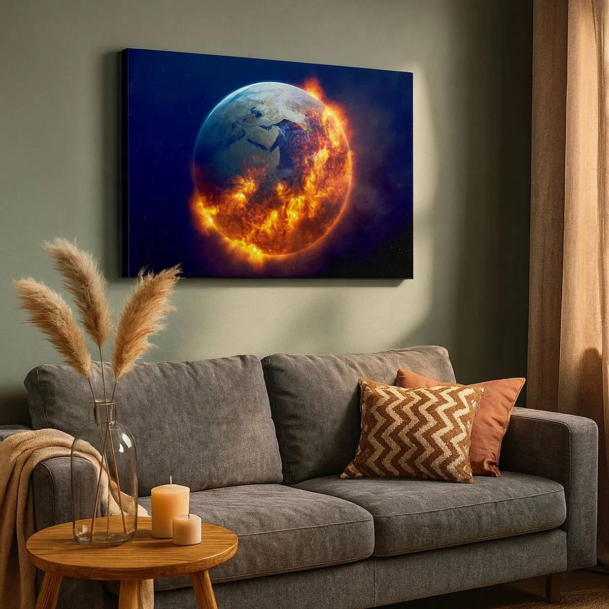 Bild auf Leinwand - Leinwandbild - Der Planet Erde brennt im Weltraum - 70x50cm - Die Flamme der Apokalypse - Moderne Wanddekoration für Wohnzimmer und Schlafzimmer ARTTOR