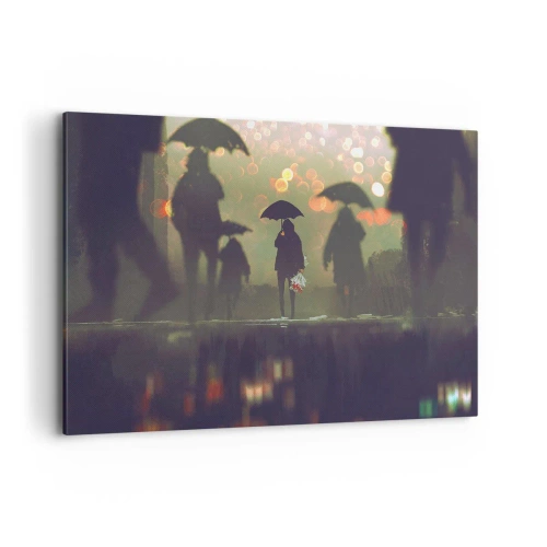 Bild auf Leinwand - Leinwandbild - Eine Figur mit einem Regenschirm an einem regnerischen Abend zwischen den Lichtern der Stadt - 100x70cm - Aus der Perspektive eines Regentropfens - Moderne Wanddekoration für Wohnzimmer und Schlafzimmer ARTTOR