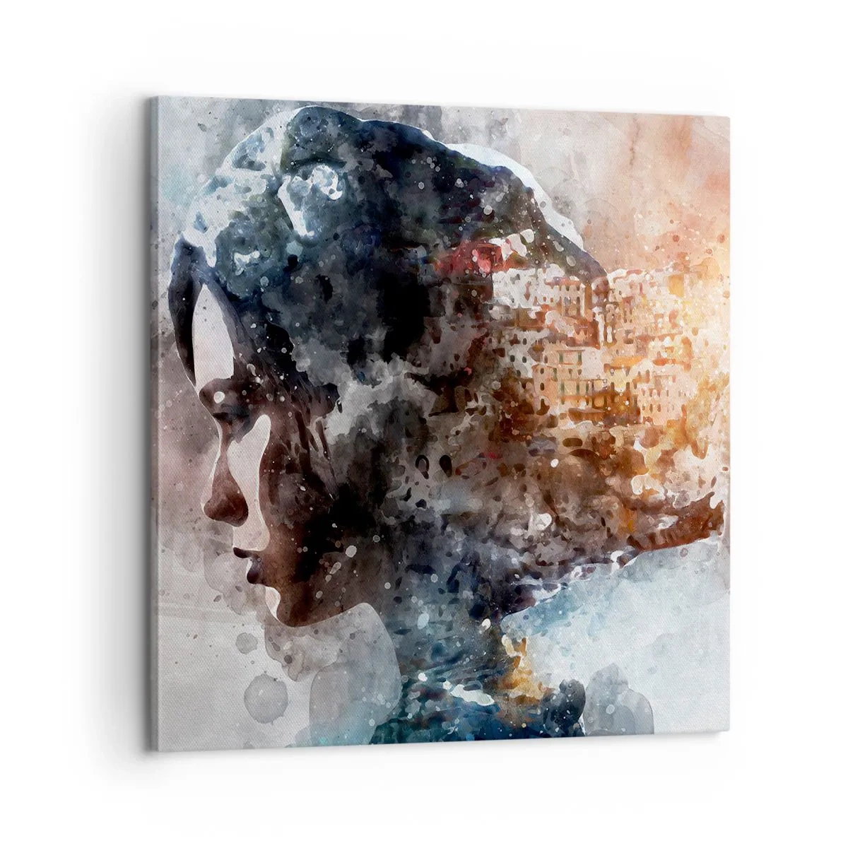 Bild auf Leinwand - Leinwandbild - Eine Geschichte über ein Mädchen mit einer Stadt im Hintergrund - 60x60 cm