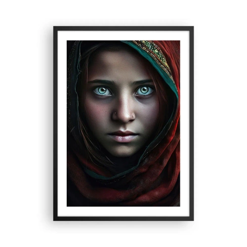 Poster in einem schwarzem Rahmen - Porträt eines Mädchens in einem roten Schal mit hypnotisierenden Augen - 50x70cm - Prinzessin aus dem Osten - Moderne Wanddekoration für Wohnzimmer und Schlafzimmer ARTTOR