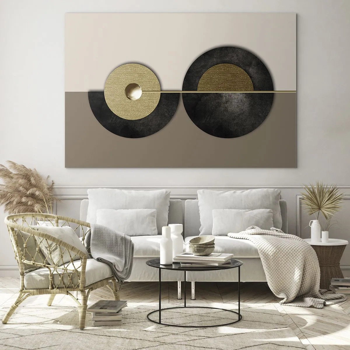 Glasbild - Bild auf glas - Geometrische Kreise in Gold und Schwarz auf beigem Hintergrund - 100x70cm - Variationen rund um den Kreis - Moderne Wanddekoration für Wohnzimmer und Schlafzimmer ARTTOR