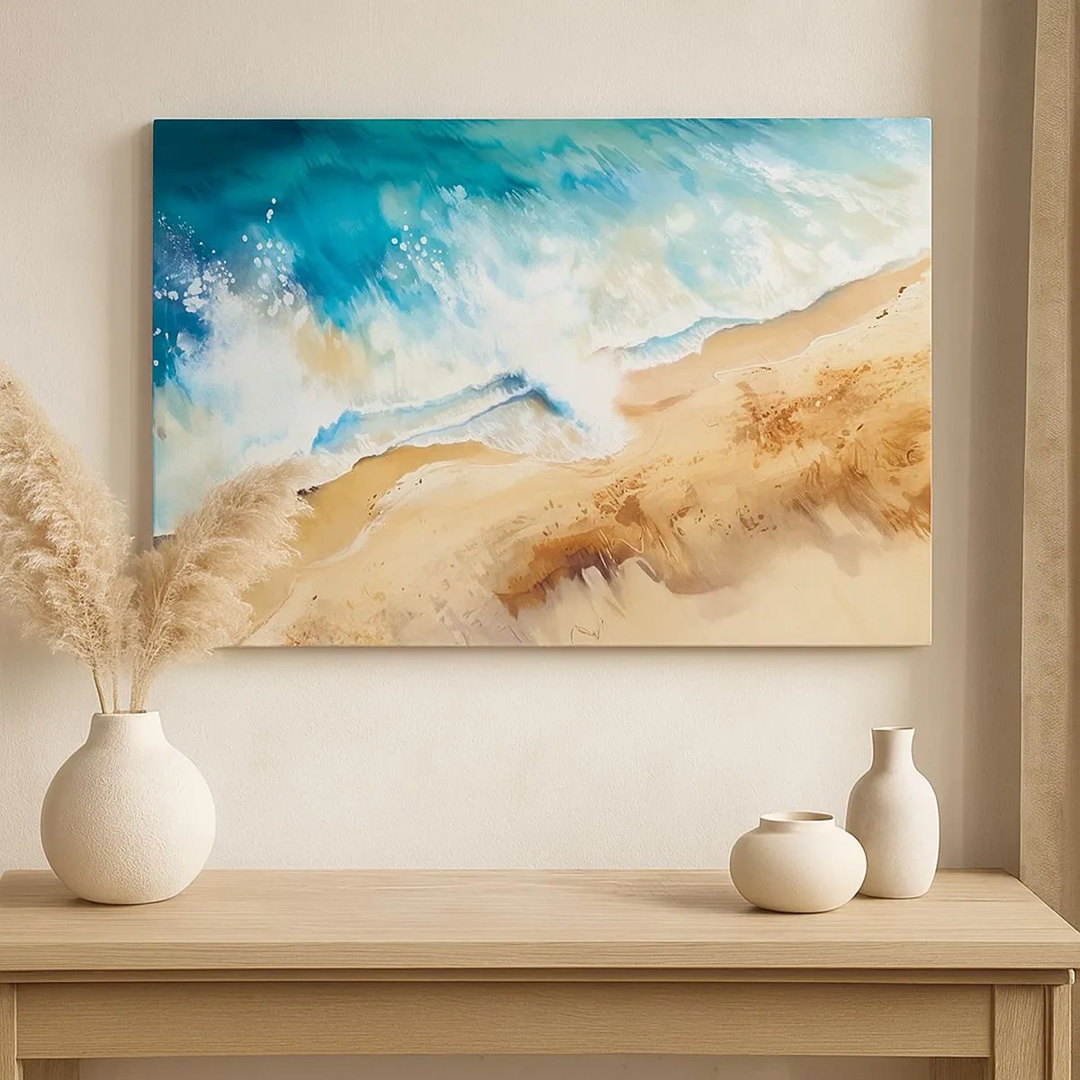 Bild auf Leinwand - Leinwandbild - Eine Meereswelle, die gegen den Sandstrand prallt - 70x50cm - Zurückkehrende Welle - Moderne Wanddekoration für Wohnzimmer und Schlafzimmer ARTTOR
