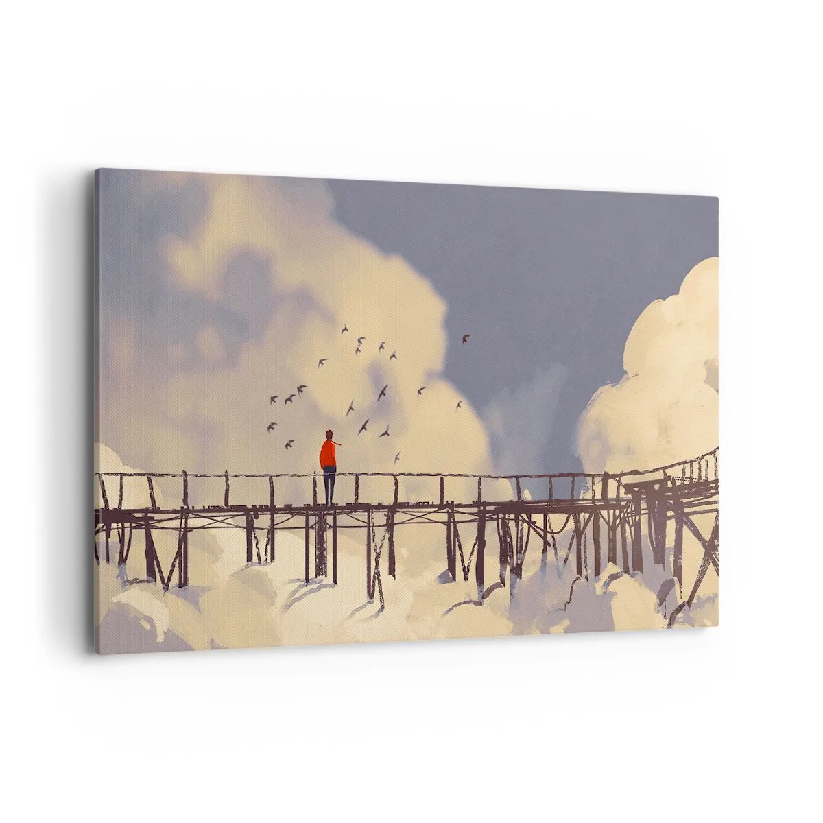 Bild auf Leinwand - Leinwandbild - Eine Figur auf einer Brücke zwischen Wolken mit Vögeln am Himmel - 120x80cm - Blaue Sehnsucht - Moderne Wanddekoration für Wohnzimmer und Schlafzimmer ARTTOR