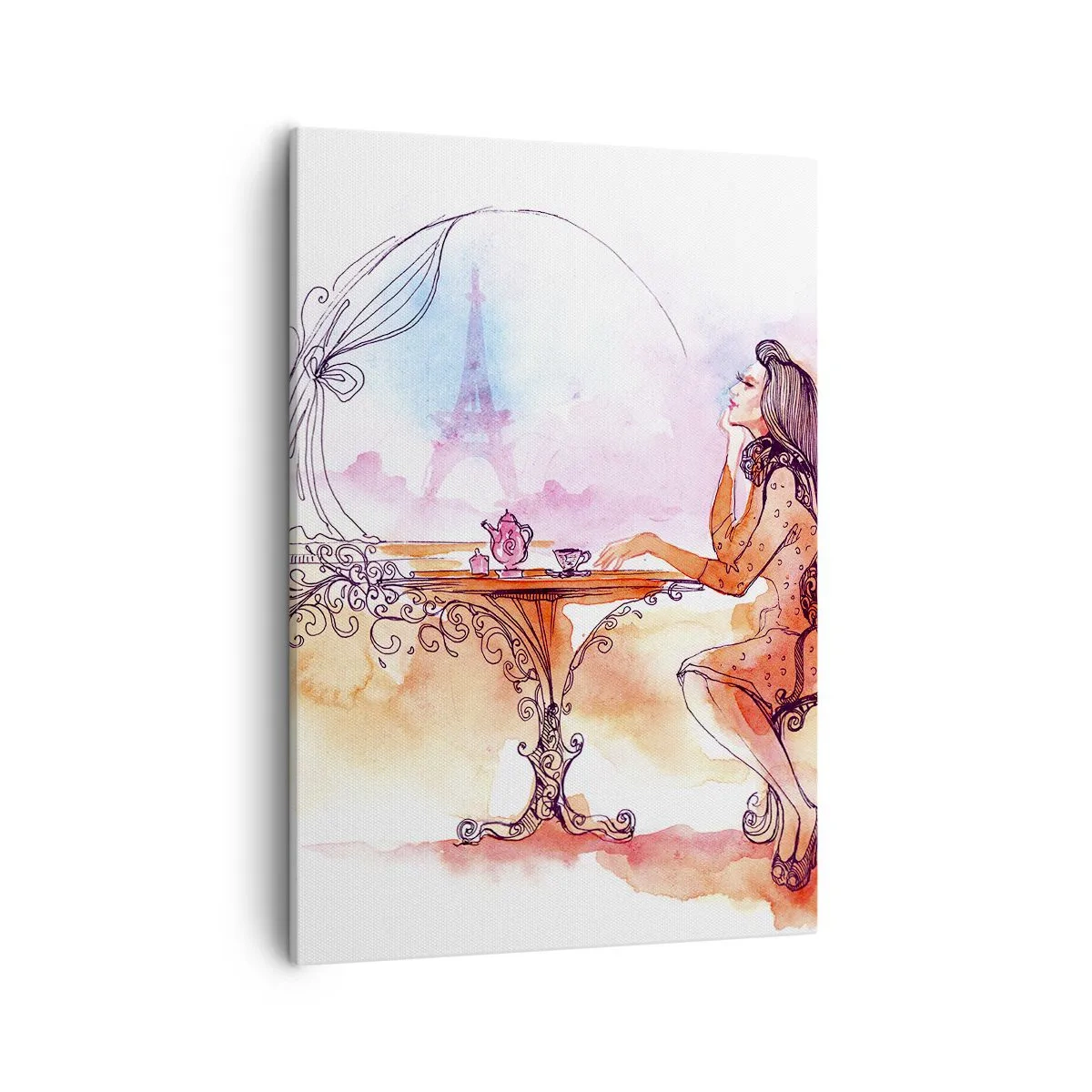 Bild auf Leinwand - Leinwandbild - Romantisches Aquarell einer Frau in einem Café mit Blick auf einen Turm - 50x70cm - Pariser Chic - Moderne Wanddekoration für Wohnzimmer und Schlafzimmer ARTTOR
