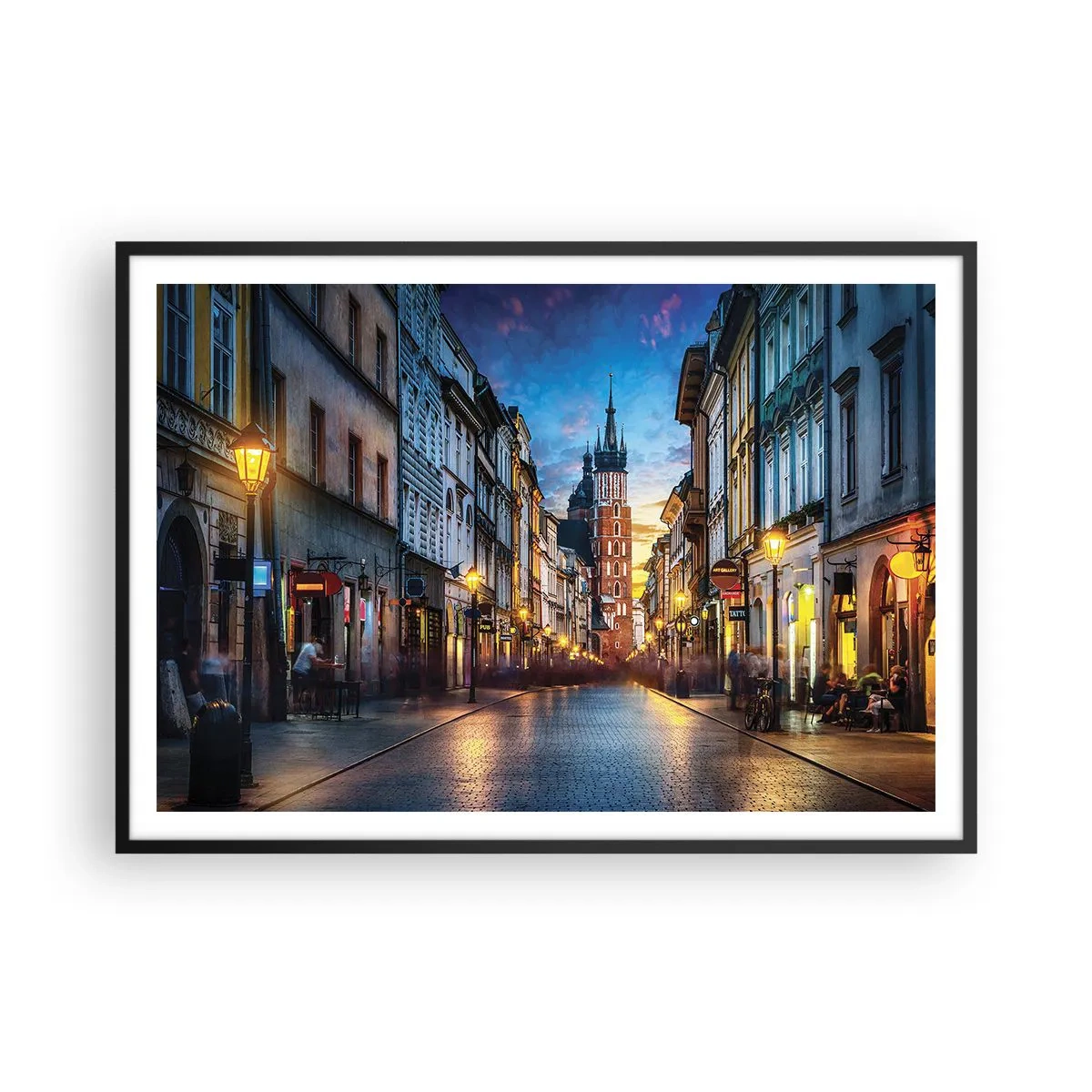 Poster in einem schwarzem Rahmen - Abendliche Straße mit Blick auf die Krakauer Kathedrale - 100x70cm - Krakauer Charme - Moderne Wanddekoration für Wohnzimmer und Schlafzimmer ARTTOR