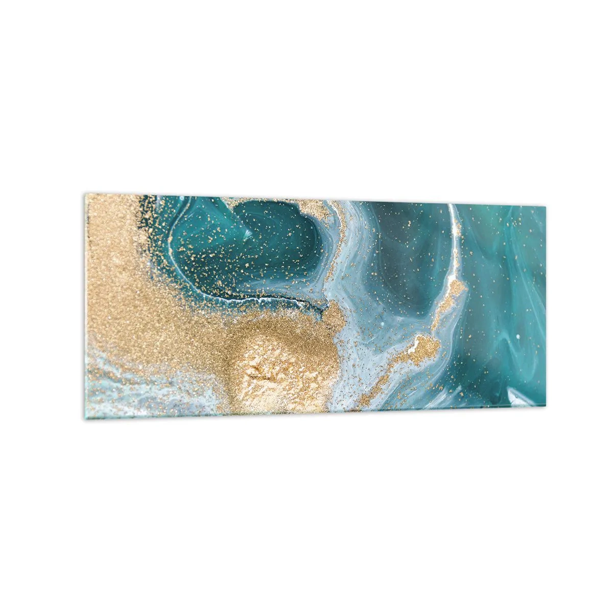 Glasbild - Bild auf glas - Abstrakter Wirbel in Türkis- und Goldtönen - 120x50cm - Ein Strudel aus Gold und Türkis - Moderne Wanddekoration für Wohnzimmer und Schlafzimmer ARTTOR