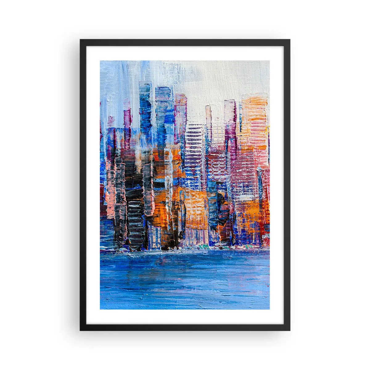 Poster in einem schwarzem Rahmen - Abstraktes Stadtpanorama in intensiven Farben - 50x70cm - Fröhliche Metropole - Moderne Wanddekoration für Wohnzimmer und Schlafzimmer ARTTOR