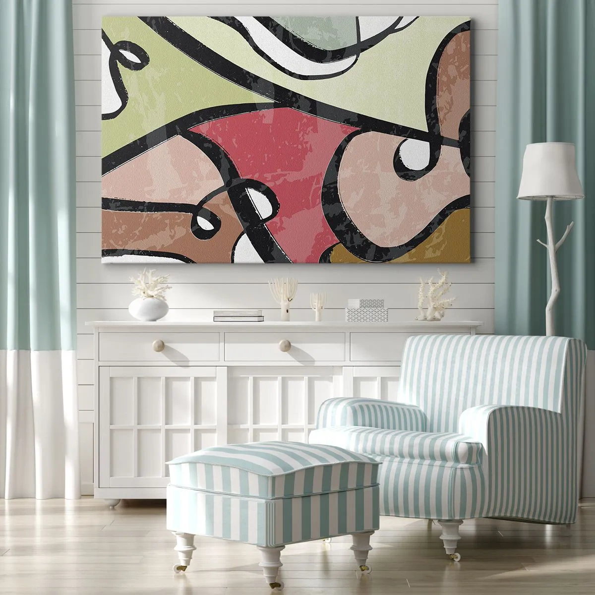 Bild auf Leinwand - Leinwandbild - Bunte abstrakte Formen mit schwarzen Linien - 70x50cm - Pirouetten unter Farben - Moderne Wanddekoration für Wohnzimmer und Schlafzimmer ARTTOR
