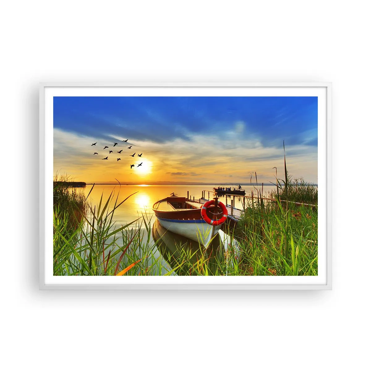 Poster in einem weißen Rahmen - Die Kormorane fliegen schon weg - 100x70 cm