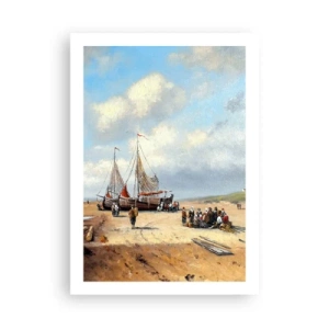 Poster - Traditionelle Fischerboote und Fischer an einem Sandstrand - 50x70cm - Nach einem erfolgreichen Fischfang - Moderne Wanddekoration für Wohnzimmer und Schlafzimmer ARTTOR