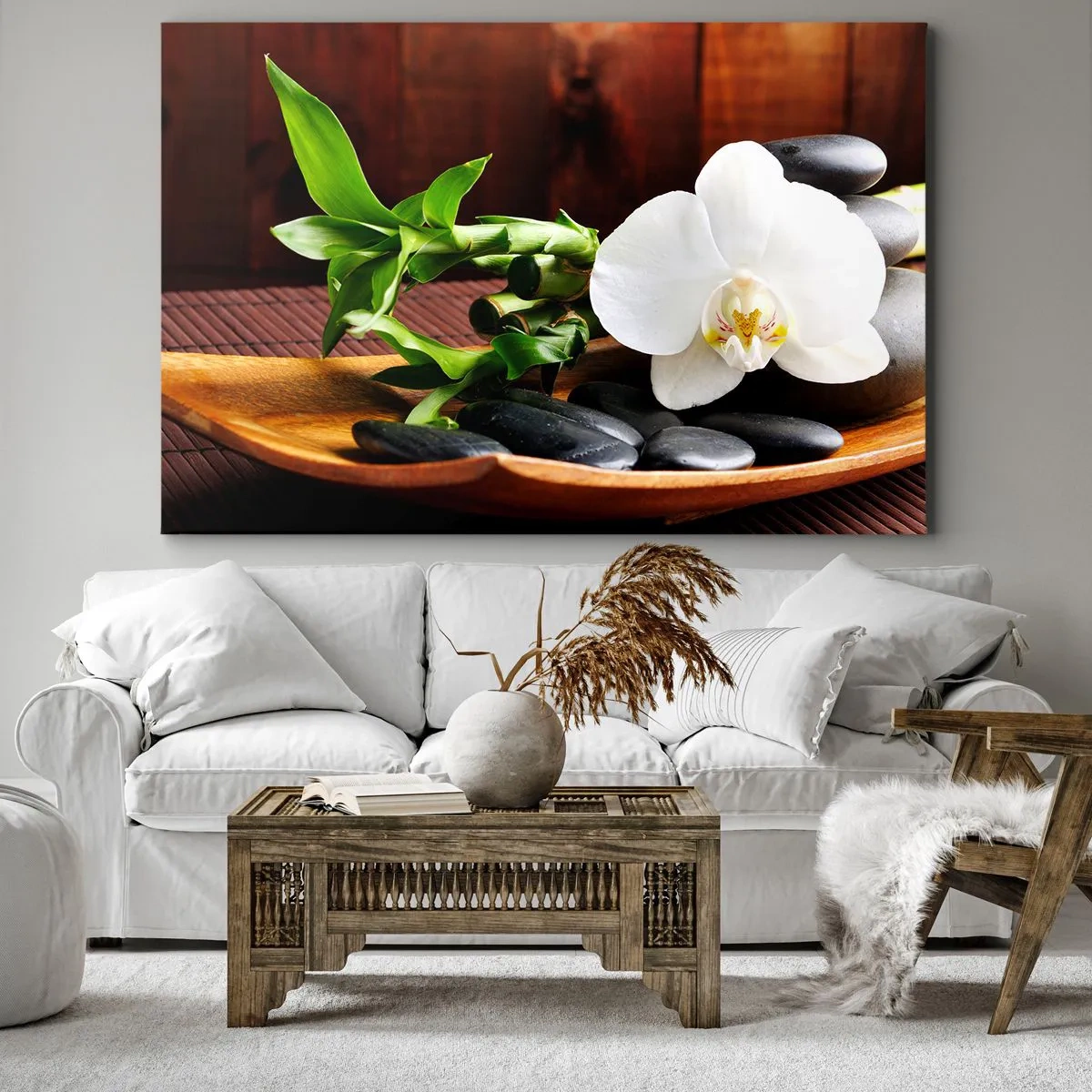 Bild auf Leinwand - Leinwandbild - Weiße Orchidee mit Bambus vor einem Steinhintergrund im Zen-Stil - 120x80cm - Geben Sie sich dem Hauch der Natur hin - Moderne Wanddekoration für Wohnzimmer und Schlafzimmer ARTTOR