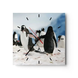 Wanduhr - Glasuhr - Eine Gruppe Pinguine im Schnee in einer antarktischen Landschaft - 30x30cm - Tanzen im Schnee - Moderne Wanddekoration für Wohnzimmer und Schlafzimmer ARTTOR