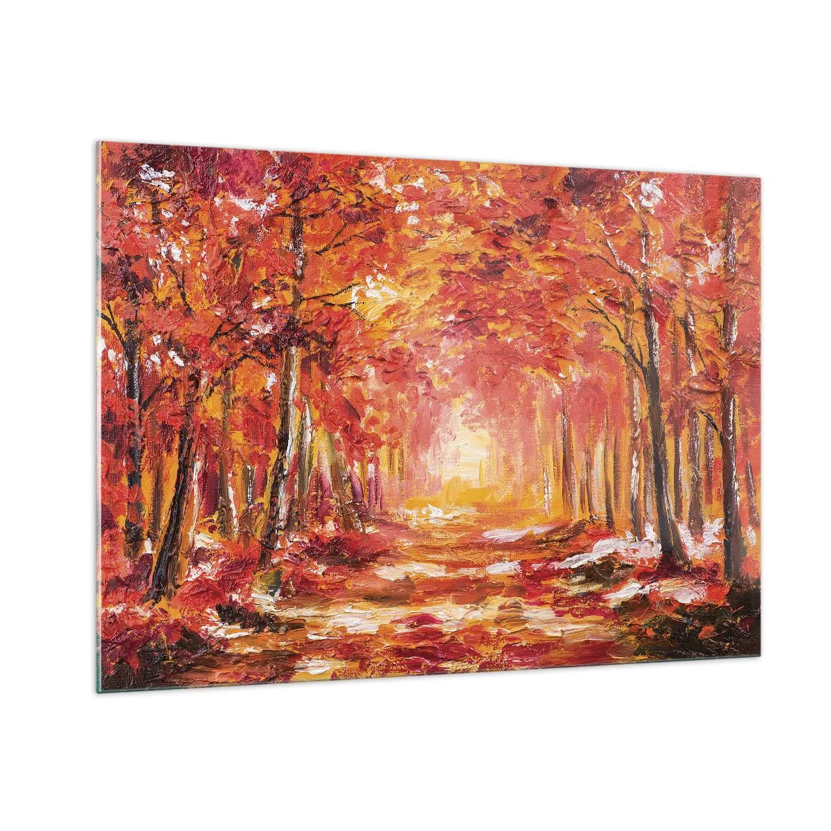 Glasbild - Bild auf glas - Herbstlandschaft mit Bäumen in warmen Farben - 100x70cm - Kupferwald - Moderne Wanddekoration für Wohnzimmer und Schlafzimmer ARTTOR