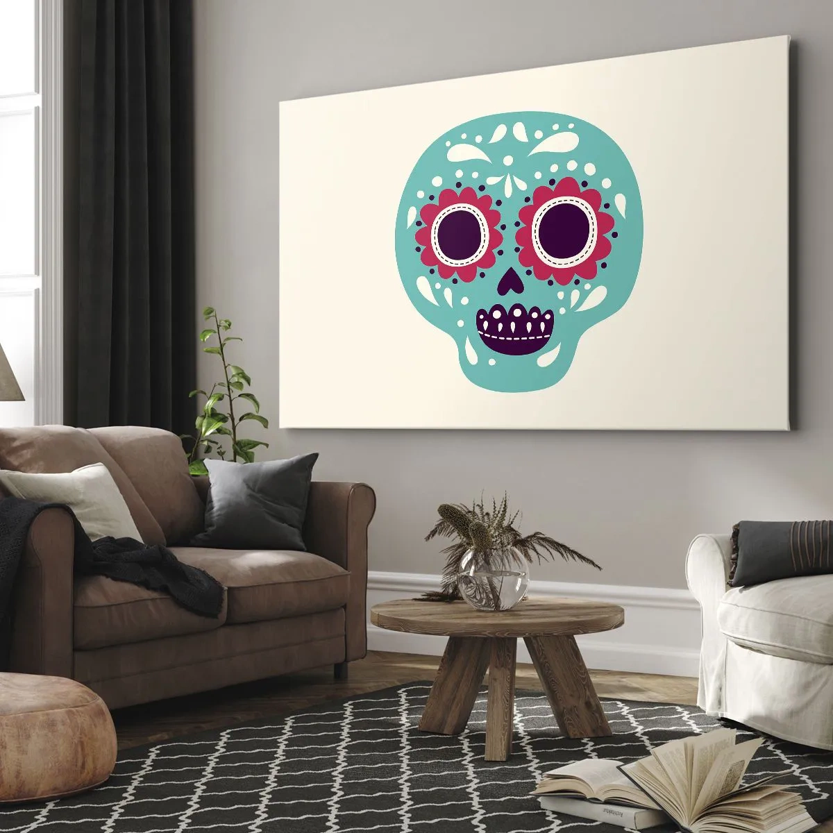 Bild auf Leinwand - Leinwandbild - Ein türkis-violetter Zuckerschädel, inspiriert von der mexikanischen Kultur - 70x50cm - Das Leben – Spaß bis zum Tod - Moderne Wanddekoration für Wohnzimmer und Schlafzimmer ARTTOR