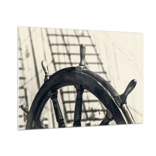 Glasbild - Bild auf glas - Schwarz-weißes nautisches Schiffsrad - 100x70cm - Meeresgeschichten - Moderne Wanddekoration für Wohnzimmer und Schlafzimmer ARTTOR