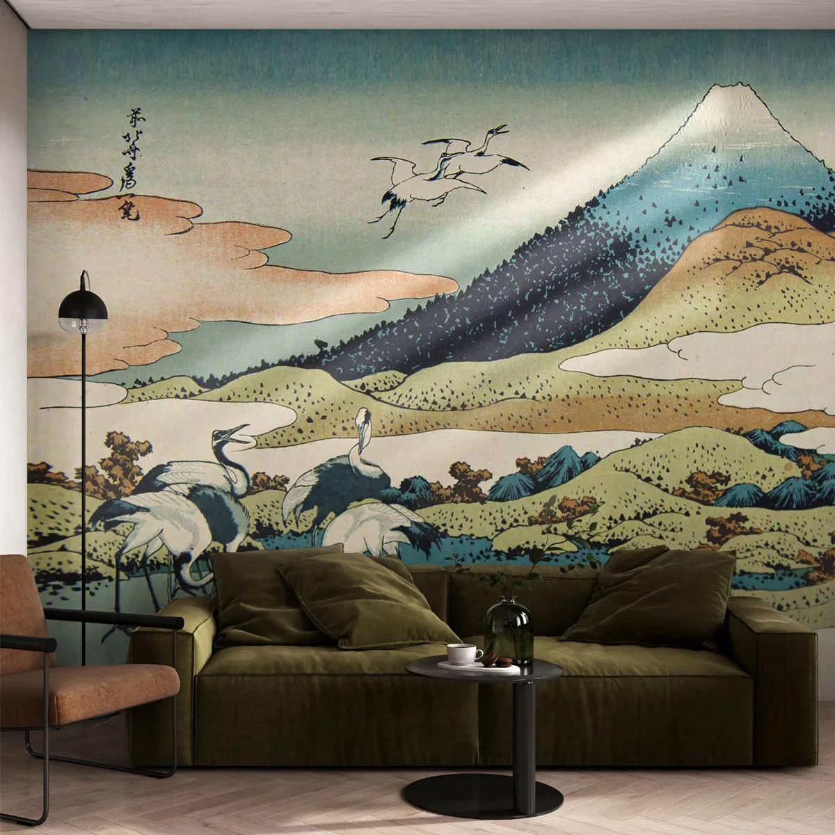 Fototapete Premium Canvas - Im japanischen Geist - Storch, Vogel, Landschaft - 250x175 cm