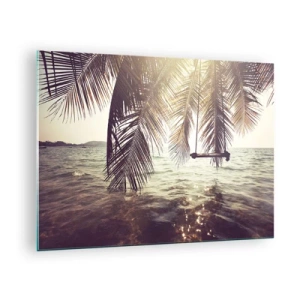 Glasbild - Bild auf glas - Ein Strand mit Palmen und einer Schaukel über einem ruhigen Meer - 70x50cm - Sie können nach Belieben in den Wolken schwingen - Moderne Wanddekoration für Wohnzimmer und Schlafzimmer ARTTOR