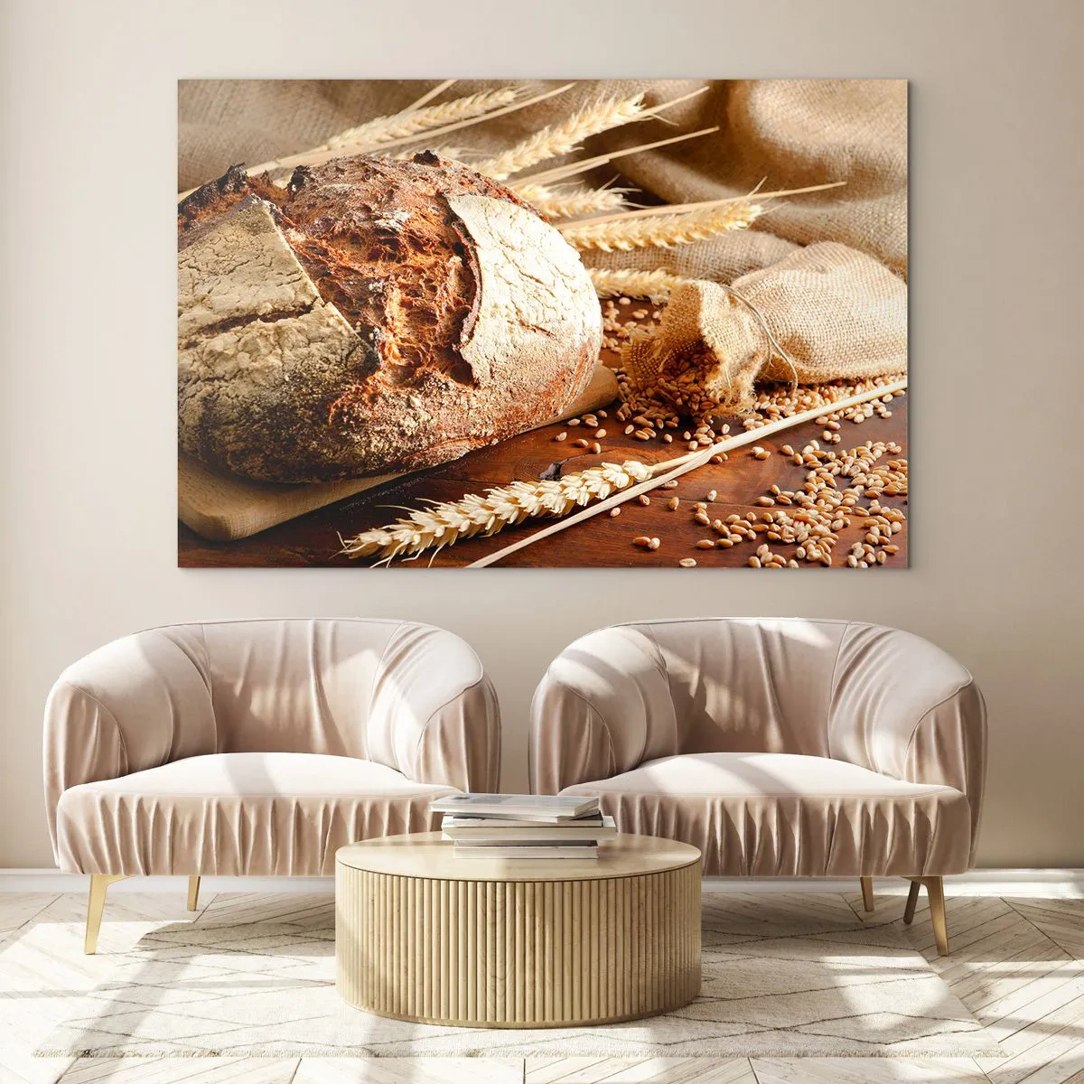 Glasbild - Bild auf glas - Brot auf einem Brett mit Weizenähren und Getreidesäcken - 100x70cm - Appetitanregend, duftend, knackig - Moderne Wanddekoration für Wohnzimmer und Schlafzimmer ARTTOR