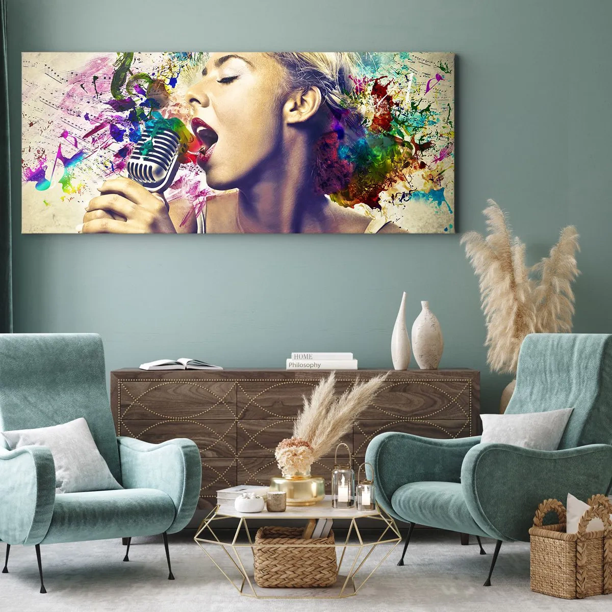 Bild auf Leinwand - Leinwandbild - Künstlerisches Porträt einer singenden Frau mit farbenfrohen Effekten - 140x50cm - Malen Sie die Welt mit Ihrer Stimme - Moderne Wanddekoration für Wohnzimmer und Schlafzimmer ARTTOR