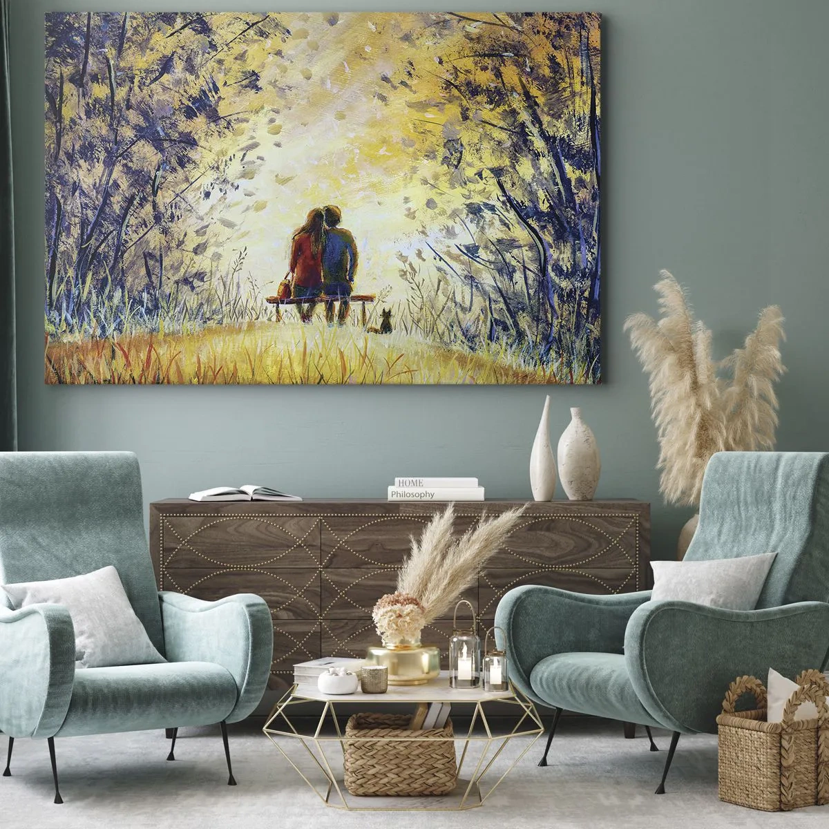 Bild auf Leinwand - Leinwandbild - Ein Paar sitzt auf einer Bank zwischen herbstlichen Bäumen im Sonnenlicht - 70x50cm - Magischer Augenblick - Moderne Wanddekoration für Wohnzimmer und Schlafzimmer ARTTOR