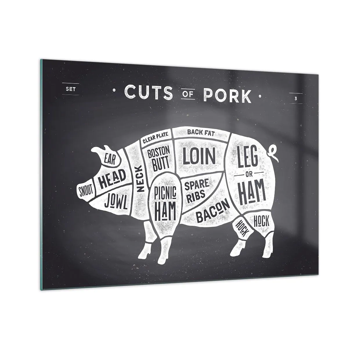 Glasbild - Bild auf glas - Diagramm von Schweinefleischstücken auf einer schwarzen Tafel - 100x70cm - Metzger Grundierung - Moderne Wanddekoration für Wohnzimmer und Schlafzimmer ARTTOR