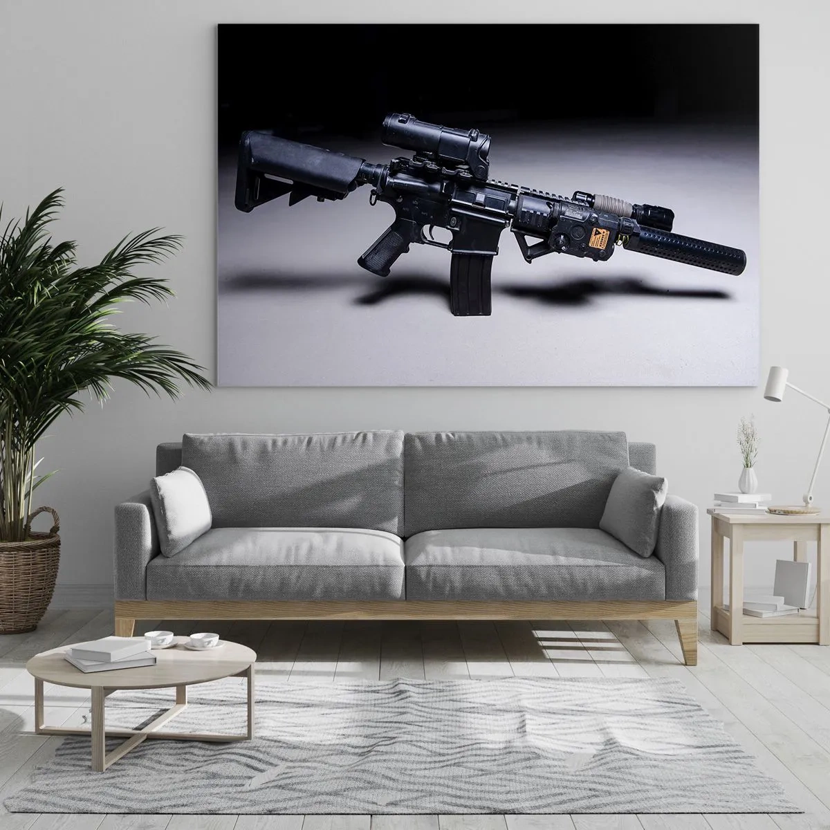 Glasbild - Bild auf glas - Ein schwarzes Sturmgewehr mit Zubehör liegt auf einem hellen Hintergrund - 70x50cm - dunkler Ritter - Moderne Wanddekoration für Wohnzimmer und Schlafzimmer ARTTOR
