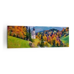 Bild auf Leinwand - Leinwandbild - Herbstliche Berglandschaft mit Kapelle und Sonnenuntergang - 160x50cm - Landschaftsartige Malerei - Moderne Wanddekoration für Wohnzimmer und Schlafzimmer ARTTOR