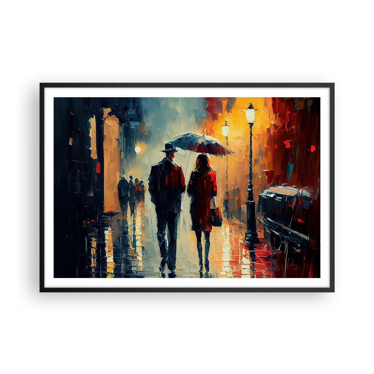 Poster in einem schwarzem Rahmen - Nachts im Regen unter einem Regenschirm in der Stadt spazieren gehen - 100x70cm - Urbane Liebesgeschichte - Moderne Wanddekoration für Wohnzimmer und Schlafzimmer ARTTOR