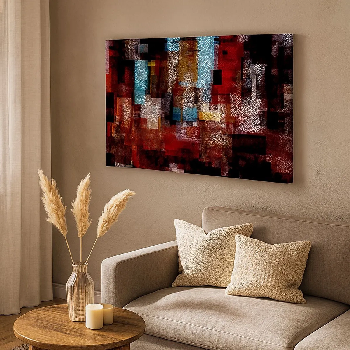 Bild auf Leinwand - Leinwandbild - Geometrische Abstraktion in intensiven Rottönen - 70x50cm - Verwirrung mit Verwirrung - Moderne Wanddekoration für Wohnzimmer und Schlafzimmer ARTTOR