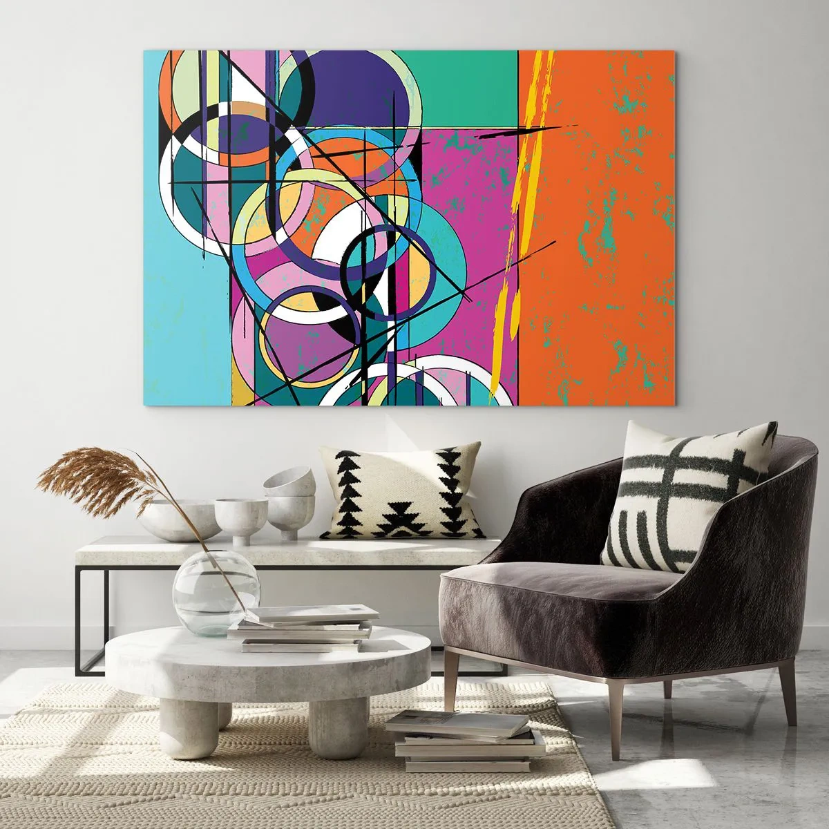 Glasbild - Bild auf glas - Bunte Abstraktion mit geometrischen Formen und Kreisen - 120x80cm - Rad für Rad - Moderne Wanddekoration für Wohnzimmer und Schlafzimmer ARTTOR