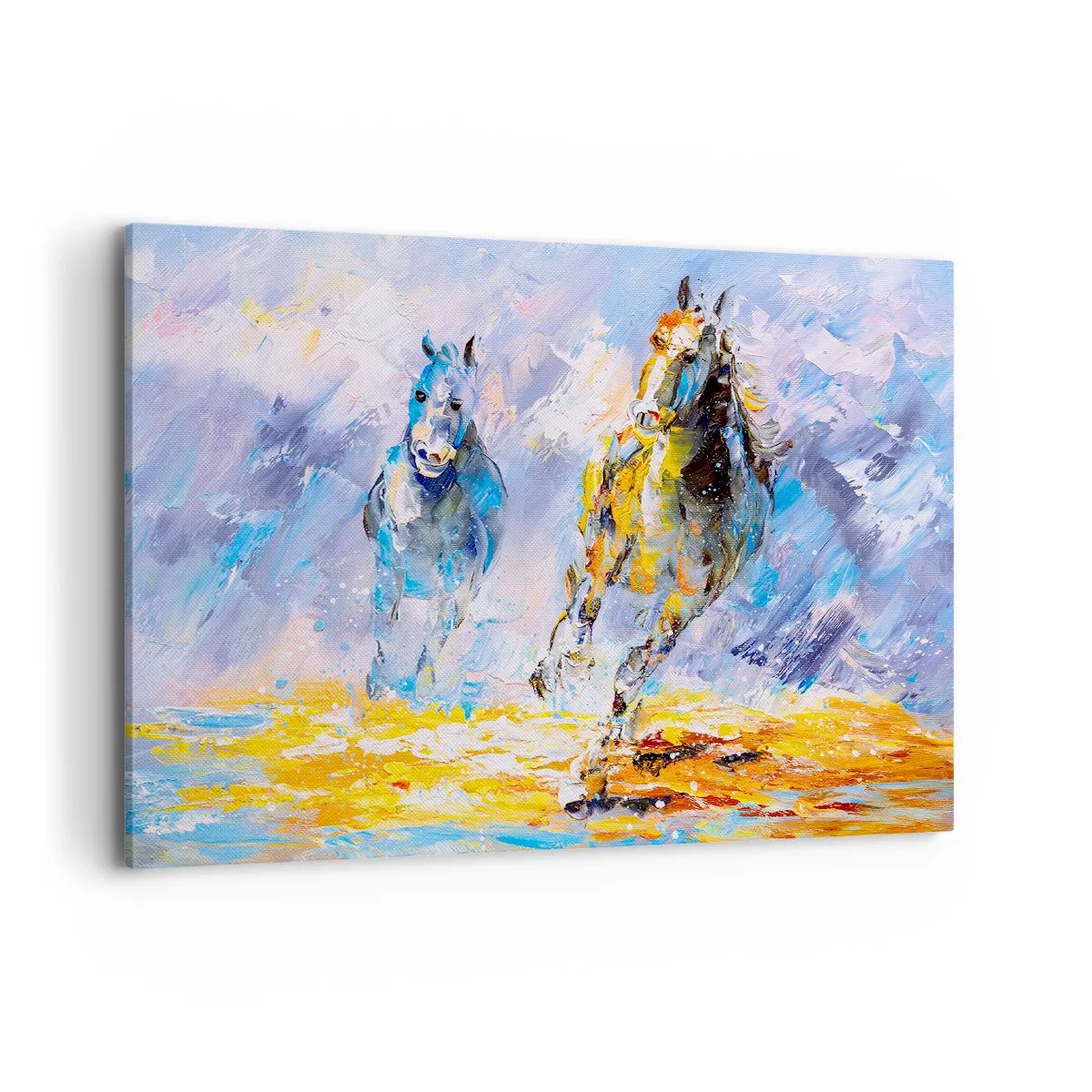 Bild auf Leinwand - Leinwandbild - Zwei Pferde in Bewegung vor dem Hintergrund einer abstrakten Landschaft - 100x70cm - Galopp durch die Blendung - Moderne Wanddekoration für Wohnzimmer und Schlafzimmer ARTTOR