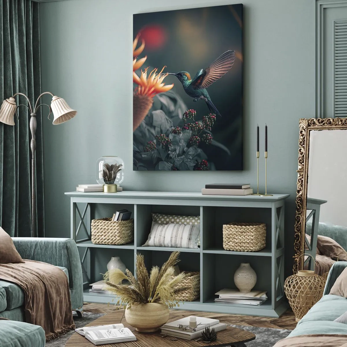 Bild auf Leinwand - Leinwandbild - Ein bunter Kolibri neben Blumen vor einem natürlichen Hintergrund - 70x100cm - Wirklich buntes Leben - Moderne Wanddekoration für Wohnzimmer und Schlafzimmer ARTTOR