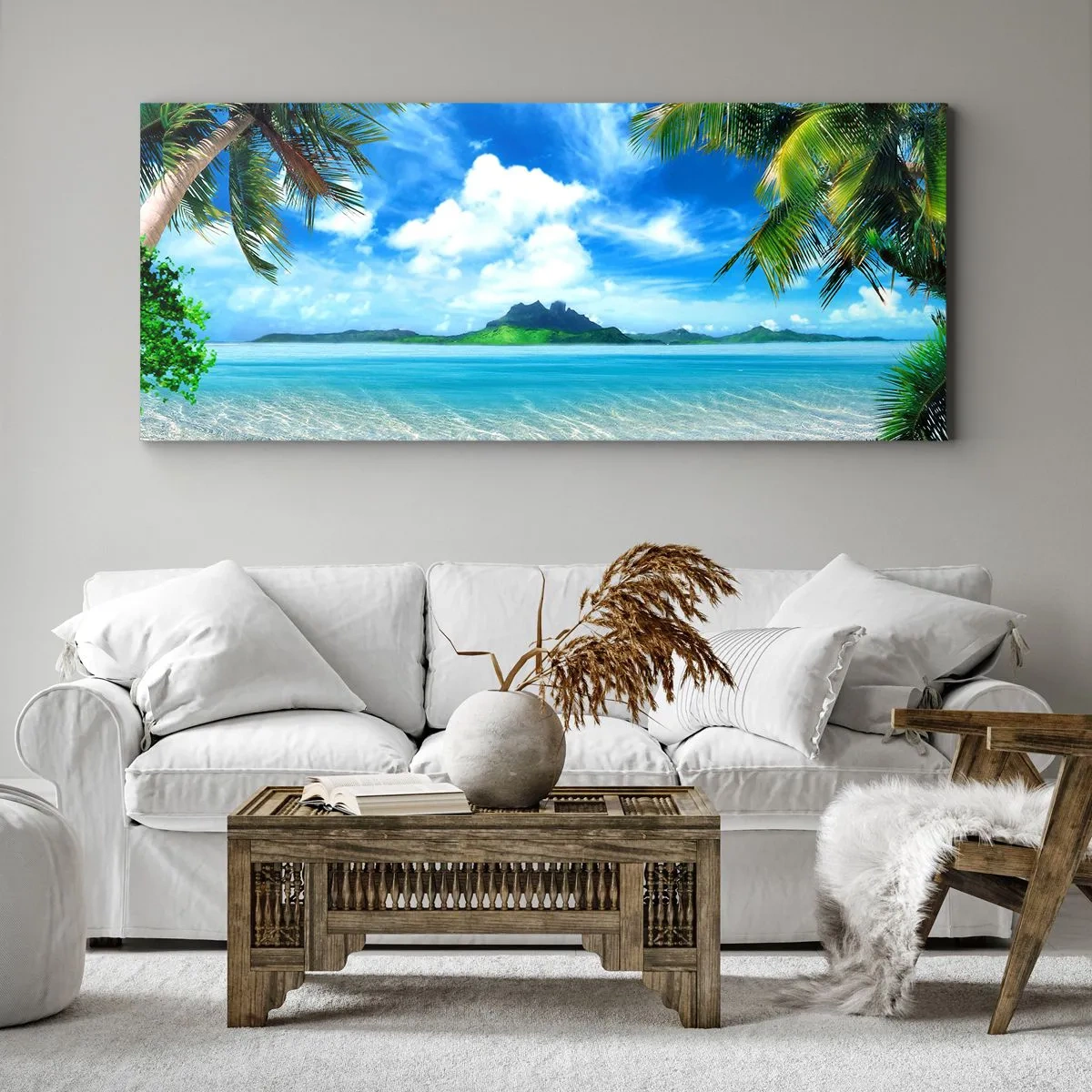 Bild auf Leinwand - Leinwandbild - Tropischer Strand mit Palmen und Blick auf die Insel - 120x50cm - Das Azurblau der Tropen - Moderne Wanddekoration für Wohnzimmer und Schlafzimmer ARTTOR