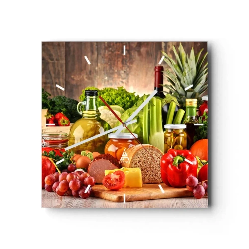 Wanduhr - Glasuhr - Buntes Obst, Gemüse und Lebensmittel - 30x30cm - Geräuchert, gebacken und eingelegt - Moderne Wanddekoration für Wohnzimmer und Schlafzimmer ARTTOR