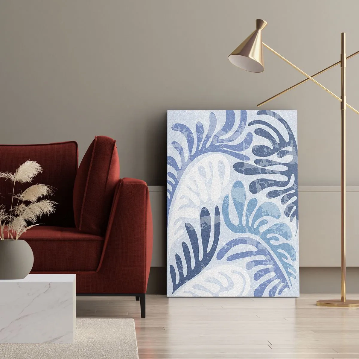 Bild auf Leinwand - Leinwandbild - Abstrakte Formen in Blautönen auf weißem Hintergrund - 50x70cm - Blaue Farne - Moderne Wanddekoration für Wohnzimmer und Schlafzimmer ARTTOR