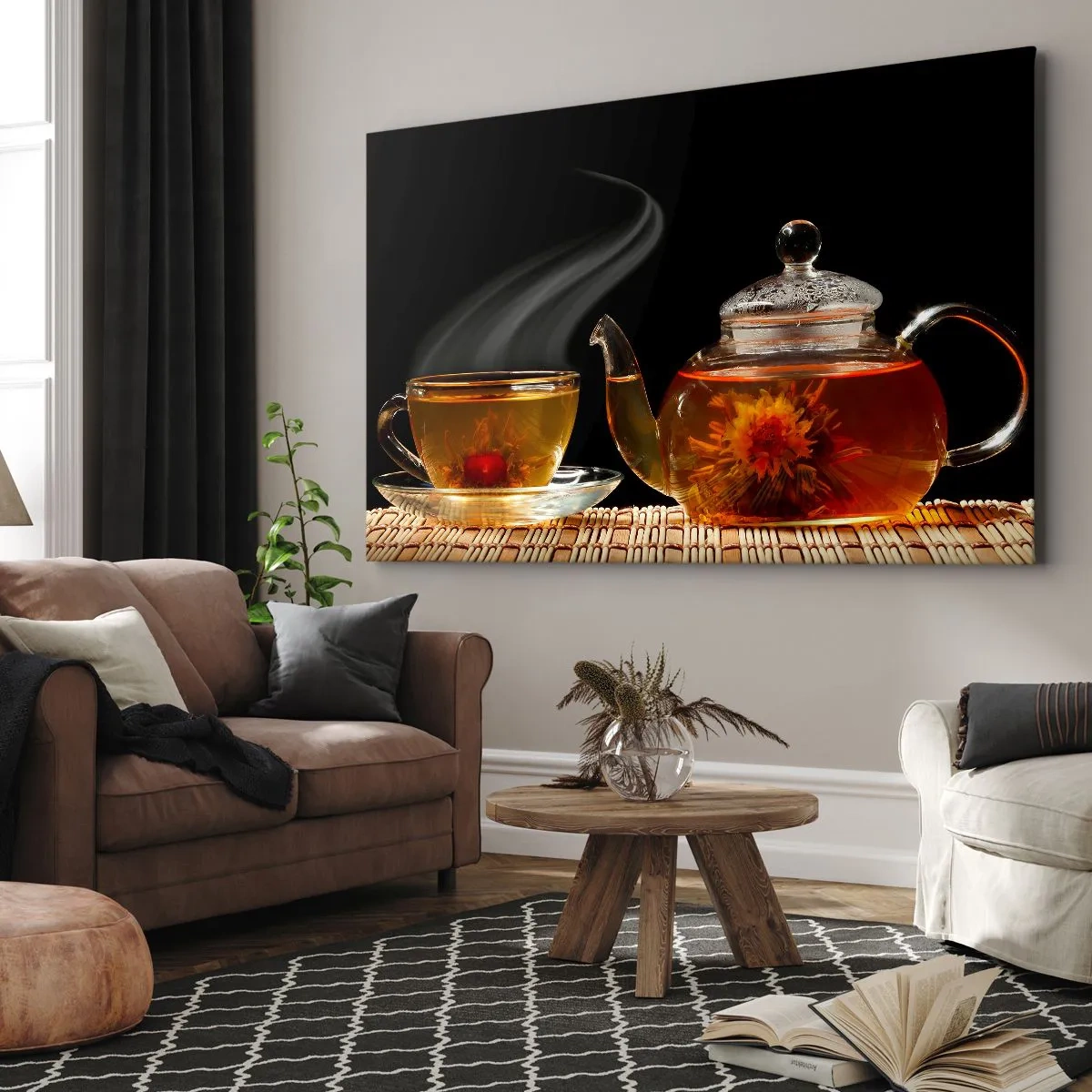 Bild auf Leinwand - Leinwandbild - Glasteekanne mit Blumentee und einer Tasse - 70x50cm - Die Magie und Kunst des Teezubereitens - Moderne Wanddekoration für Wohnzimmer und Schlafzimmer ARTTOR