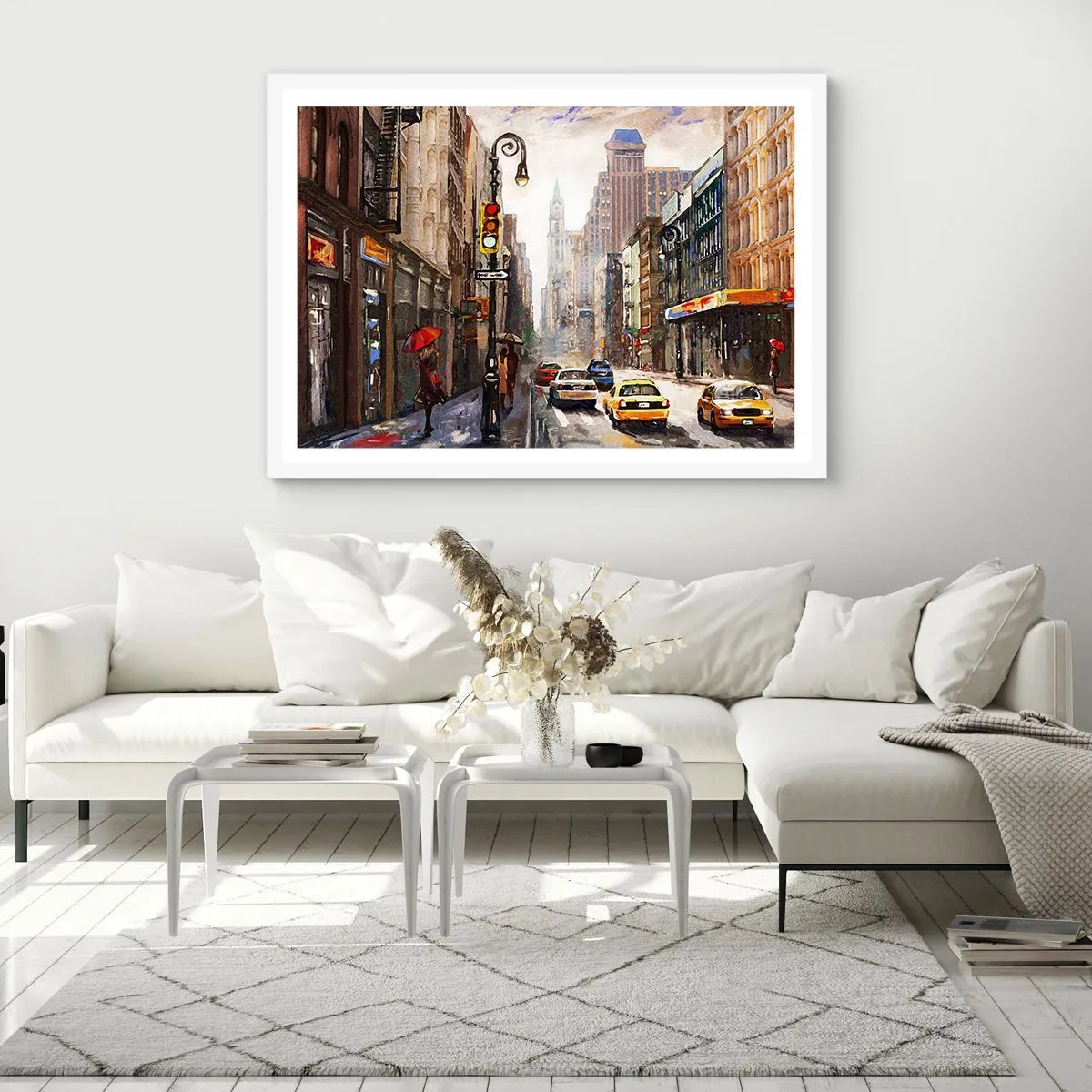 Poster in einem weißen Rahmen - New York - auch im Regen bunt - 70x50 cm
