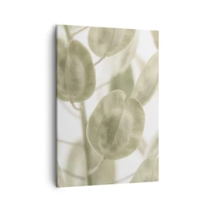 Bild auf Leinwand - Leinwandbild - Ein zartes Gemälde von Blättern in pastellfarbenen Grüntönen auf hellem Hintergrund. - 50x70cm - Am Anfang waren Blätter... - Moderne Wanddekoration für Wohnzimmer und Schlafzimmer ARTTOR